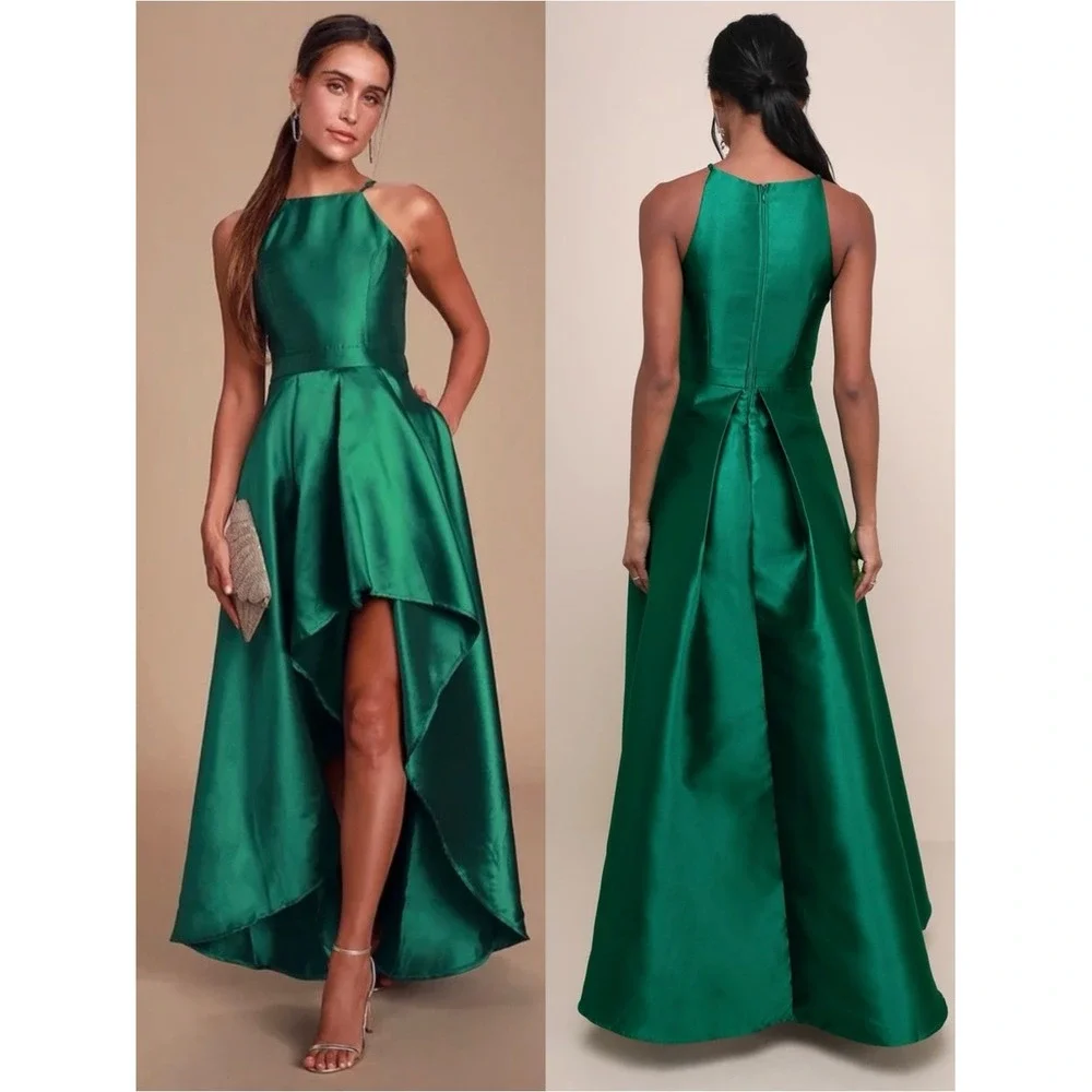 NWT LULUS Emerald Taffeta Halter Square Neck Princesscore Formal Ball Gown M‎